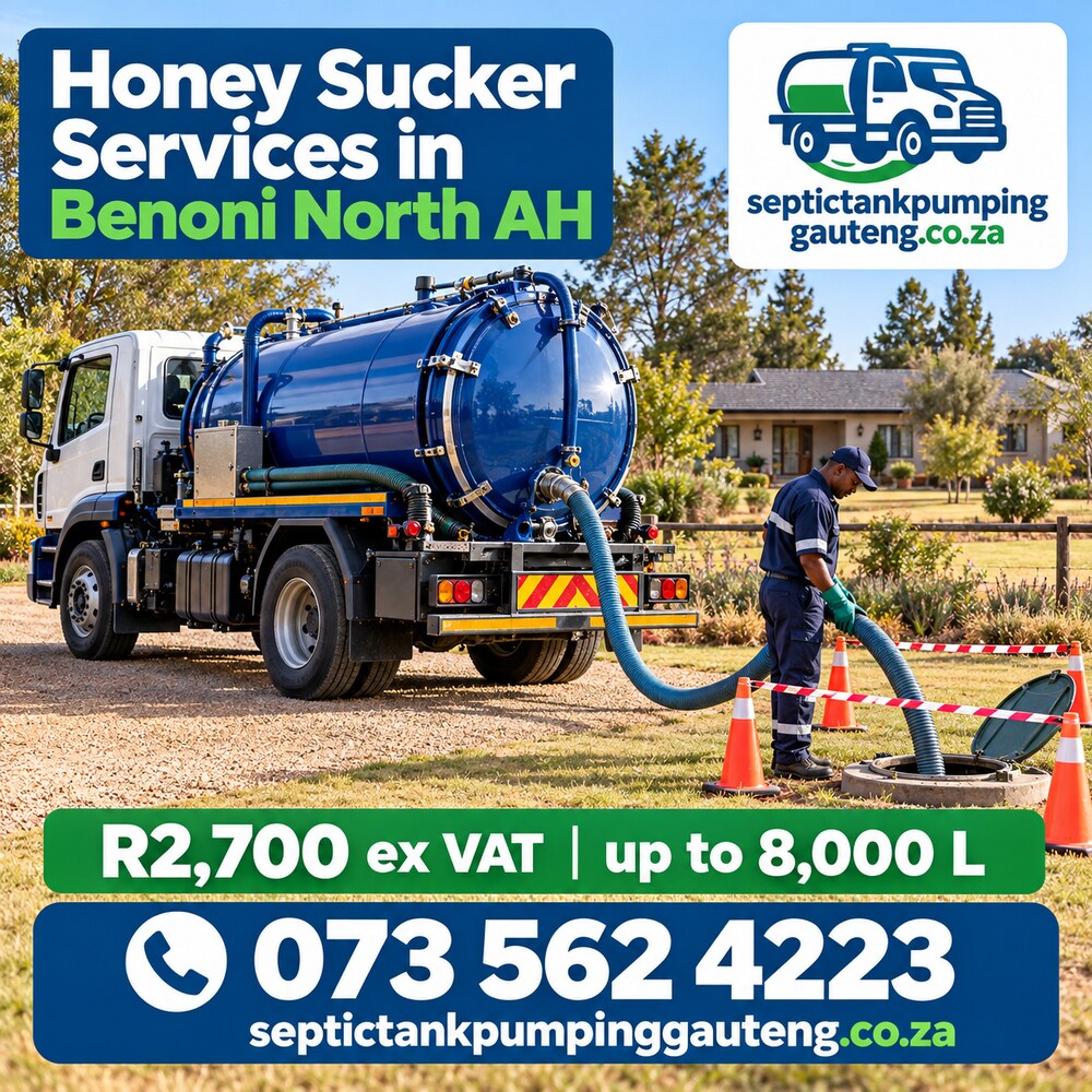 Generated illustration of Honey Sucker Services in Benoni North AH with a vacuum tanker and safe external pumping setup