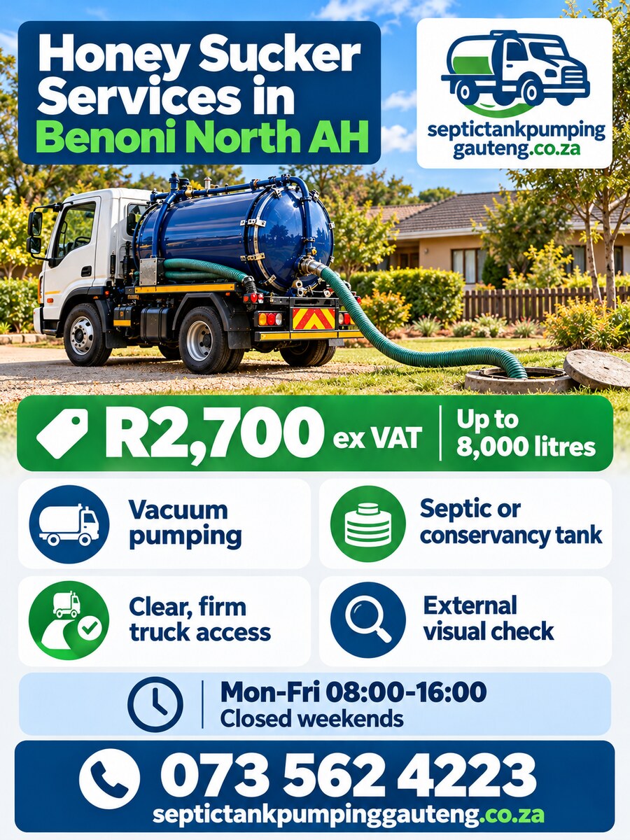 Honey Sucker Services in Benoni North AH price, service scope, access requirements, hours and contact details