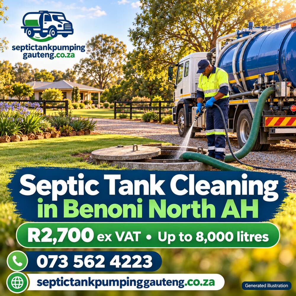 Generated illustration of septic tank cleaning in Benoni North AH with tanker and safe external operator