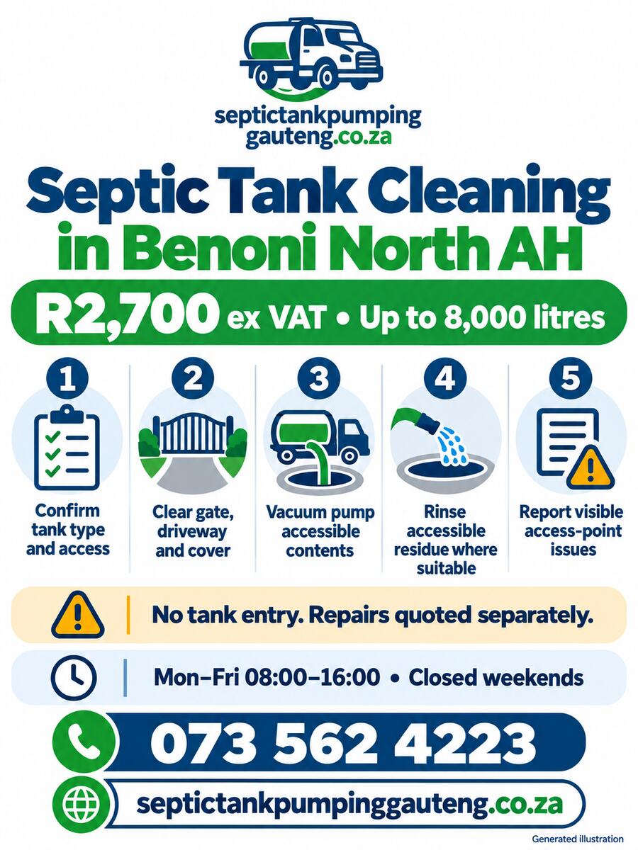 Septic Tank Cleaning in Benoni North AH price, five-step process, safety limits, hours and contact details
