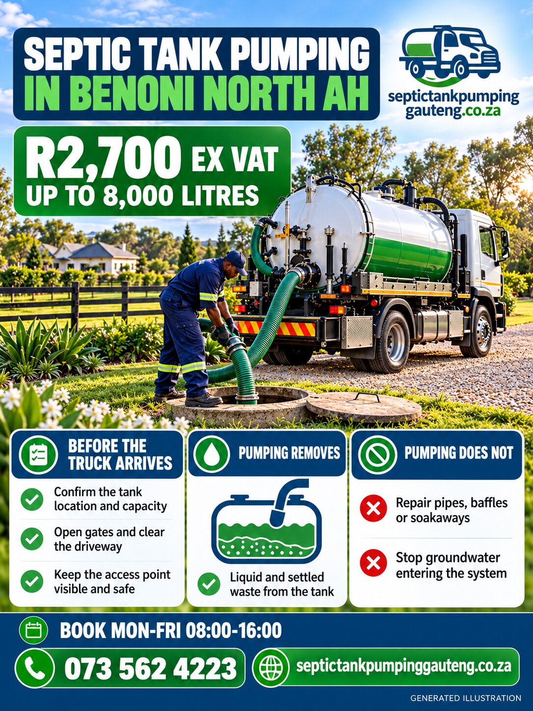 Septic Tank Pumping in Benoni North AH price and pumping preparation infographic